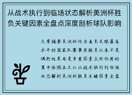 从战术执行到临场状态解析美洲杯胜负关键因素全盘点深度剖析球队影响力